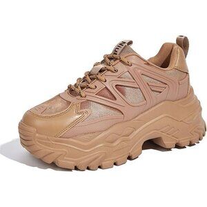 Women Brown Platform Casual Tennis Lace Up  Chunky Sneakers Shoes